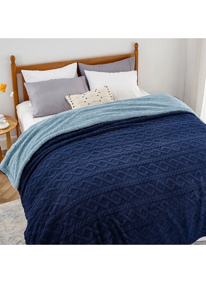 Bedsure Sherpa Queen Size Blanket for Bed - Fuzzy Soft Cozy Blanket Queen Size, Fleece Thick Warm Blanket for Winter, Navy, 90x90 Inches