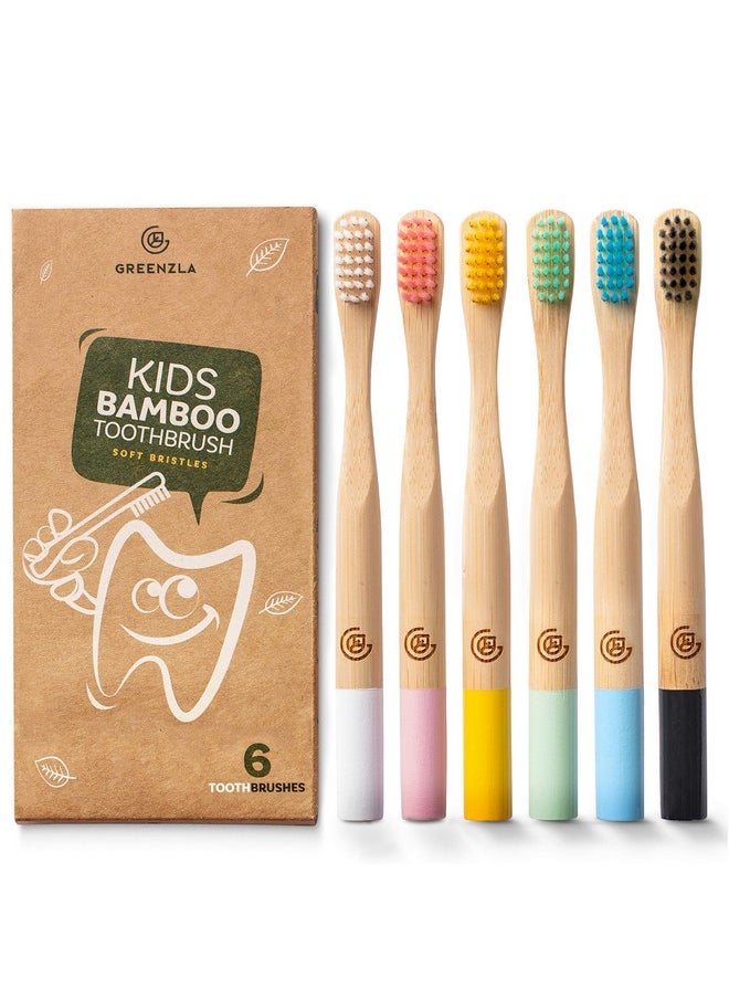 GREENZLA Kids Bamboo Toothbrushes (6 Pack) BPA Free Soft Bristles Eco-Friendly, Natural Toothbrush Set Biodegradable & Compostable Charcoal Wooden