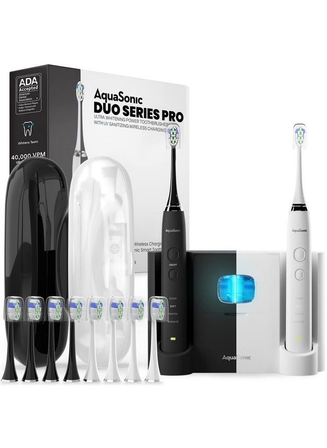 AquaSonic DUO PRO - Ultra Whitening 40,000 VPM Electric ToothBrushes - ADA Accepted - 4 Modes with Smart Timers - UV Sanitizing & Wireless Charging Base - 10 ProFlex Brush Heads & 2 Travel Cases