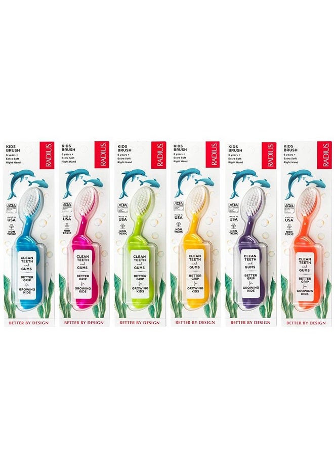 RADIUS Kidz Toothbrush Children's Right Hand BPA Free ADA Accepted Designed to Clean Teeth & Gums for Children 6 Years & Up - Assorted Colors - Pack of 6