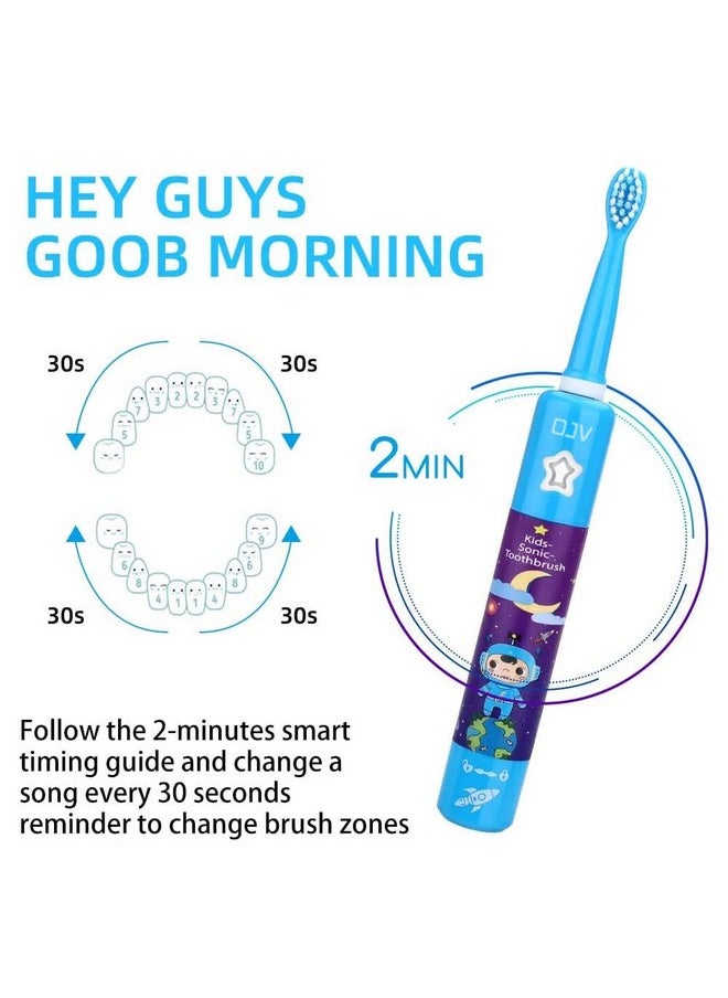 OJV 8620 Musical Electric Toothbrushes for Kids Children, 3 Modes 2 Min Timer, 6 Bristles Rechargeable Power Smart Sonic Music Play Song Toothbrush for Girls Age 3-14 with Wall Mounted Holder (Blue)