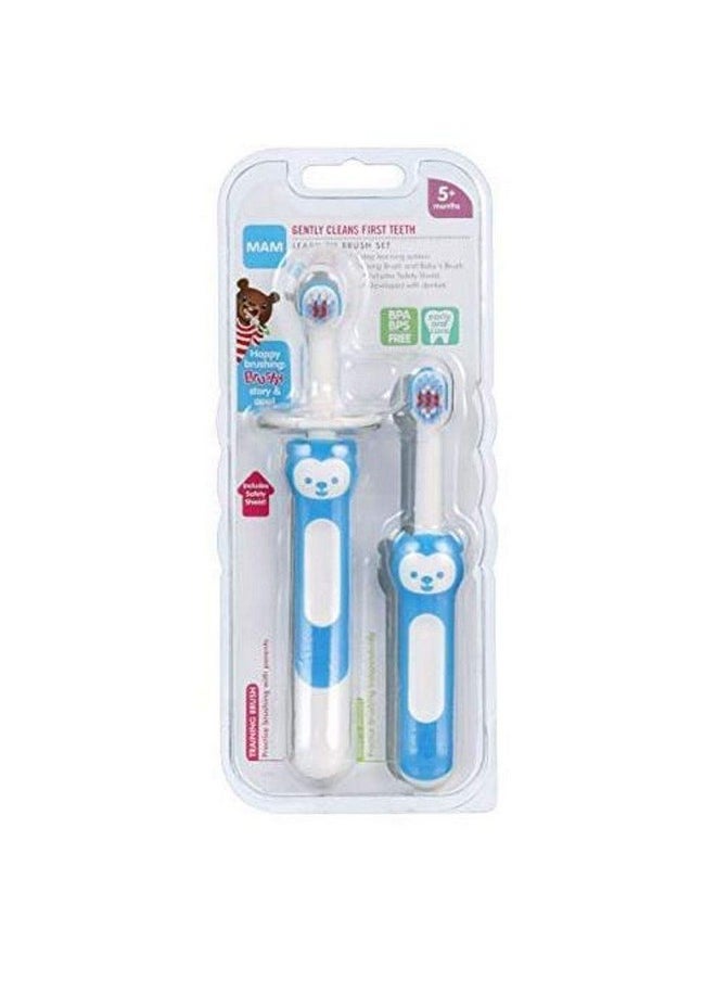 MAM Learn to Brush Set (1 Baby's Brush Toothbrush, 1 Training Brush, 1 Safety Shield), Baby Toothbrushes with Brushy The Bear, Interactive App, for Boys 5+ Months, Ice Water