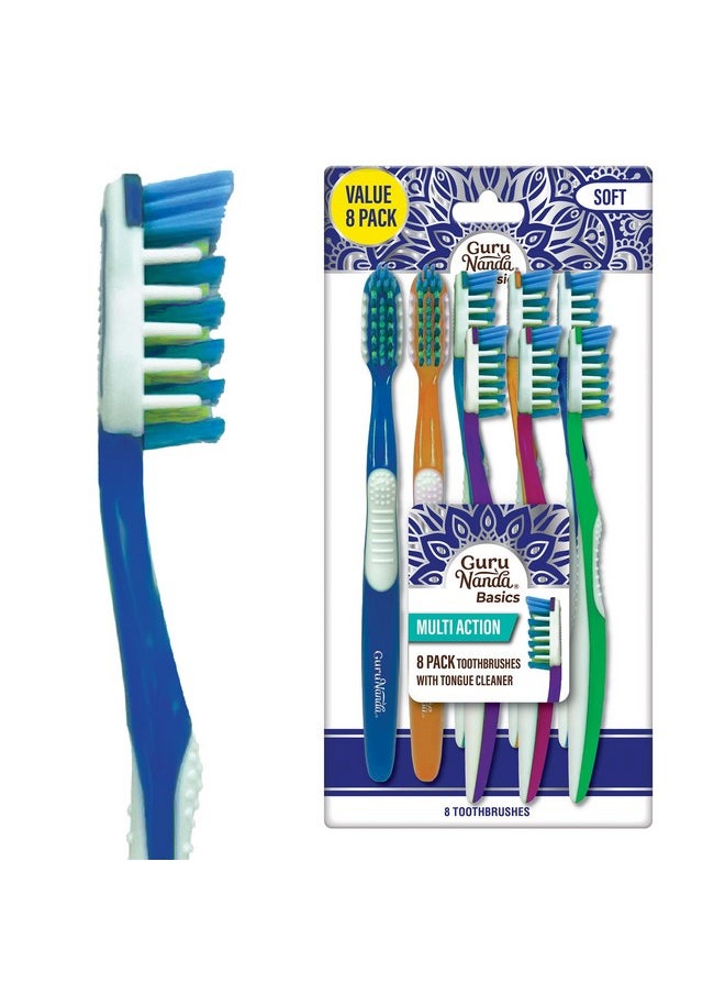 GuruNanda Multi-Action Toothbrush with Tongue Cleaner - Soft Bristles for Sensitive Teeth & Gums - Assorted Colors, Pack of 8