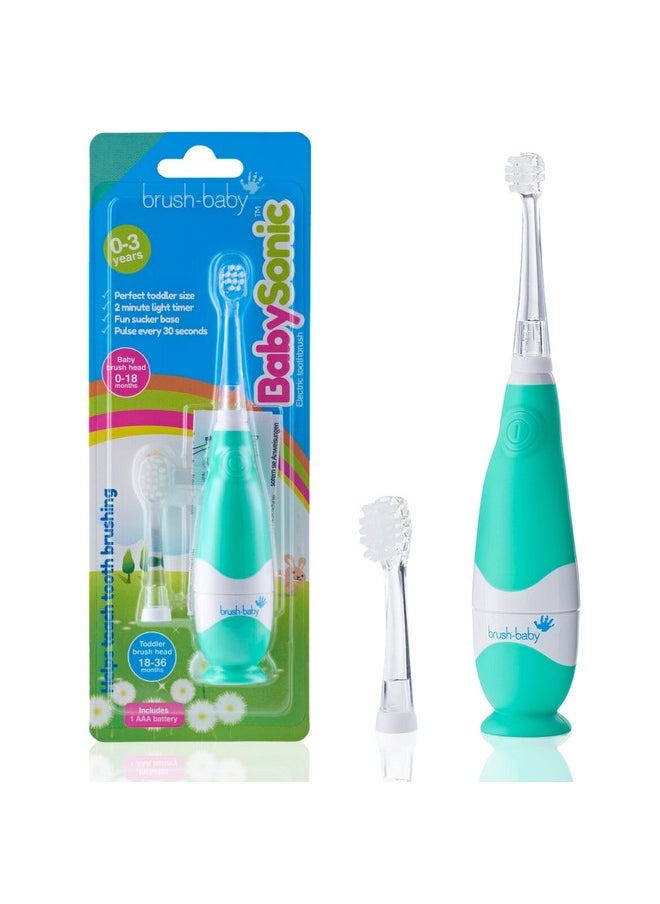 brush-baby BabySonic Infant and Toddler Electric Toothbrush for Ages 0-3 Years - Smart LED Timer and Gentle Vibration Provide a Fun Brushing Experience - Includes 2 Sensitive Brush Heads (Teal)