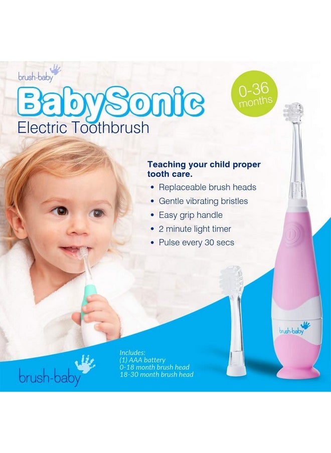 brush-baby BabySonic Infant and Toddler Electric Toothbrush for Ages 0-3 Years - Smart LED Timer and Gentle Vibration Provide a Fun Brushing Experience - Includes 2 Sensitive Brush Heads (Pink)