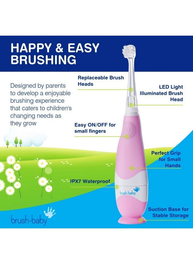 brush-baby BabySonic Infant and Toddler Electric Toothbrush for Ages 0-3 Years - Smart LED Timer and Gentle Vibration Provide a Fun Brushing Experience - Includes 2 Sensitive Brush Heads (Pink)