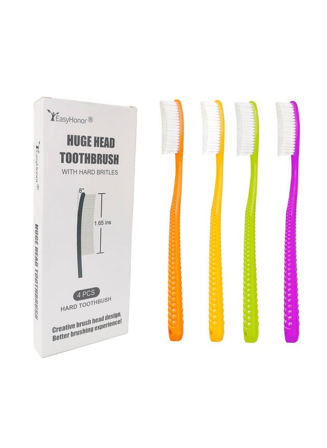 EasyHonor Huge Head Toothbrush, Big Toothbrush, Giant Head Toothbrush, Hard & Firm Toothbrush bristles BPA Free for Proper Dental Care 4 Pack with White Hard Bristles.