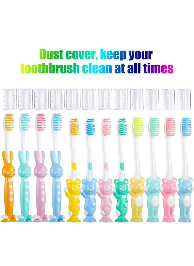 Patelai 12 Pcs Toddler Toothbrush for Age 2 and Above Kids Children Manual Toothbrush Set Soft Contoured Bristles Boys and Girls Cute Colorful Toothbrush with Suction Cup for Storage