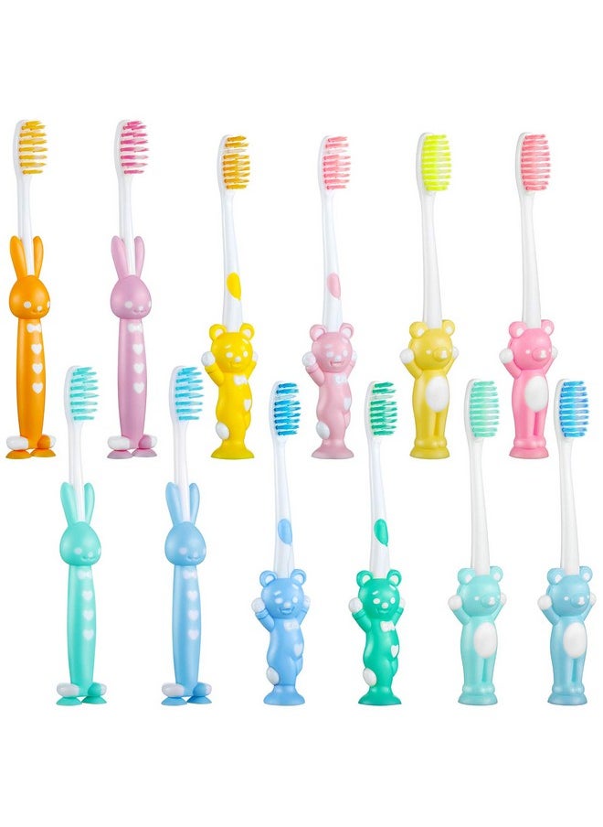 Patelai 12 Pcs Toddler Toothbrush for Age 2 and Above Kids Children Manual Toothbrush Set Soft Contoured Bristles Boys and Girls Cute Colorful Toothbrush with Suction Cup for Storage