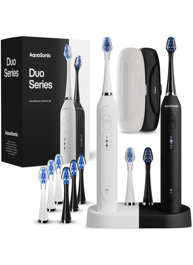 Aquasonic Duo - Dual Handle Ultra Whitening 40,000 VPM Wireless Charging Electric ToothBrushes - 3 Modes with Smart Timers - 10 Dupont Brush Heads & 2 Travel Cases Included