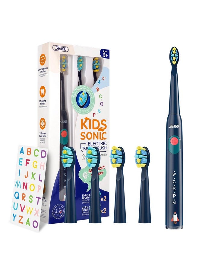 SEAGO Kids Electric Toothbrush, Sonic Soft Bristle Rechargeable Toothbrushes with DIY Stickers, 5 Modes, Includes 4 Replacement Brush Heads, Ages 3 to 12 Years Old (Navy)