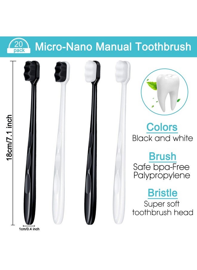 Patelai 20 Pieces Extra Soft Toothbrush Micro Nano Toothbrushes 20,000 Soft Bamboo Charcoal Bristles Toothbrush Soft Bristle for Fragile Teeth Oral Gum Recession, Black and White