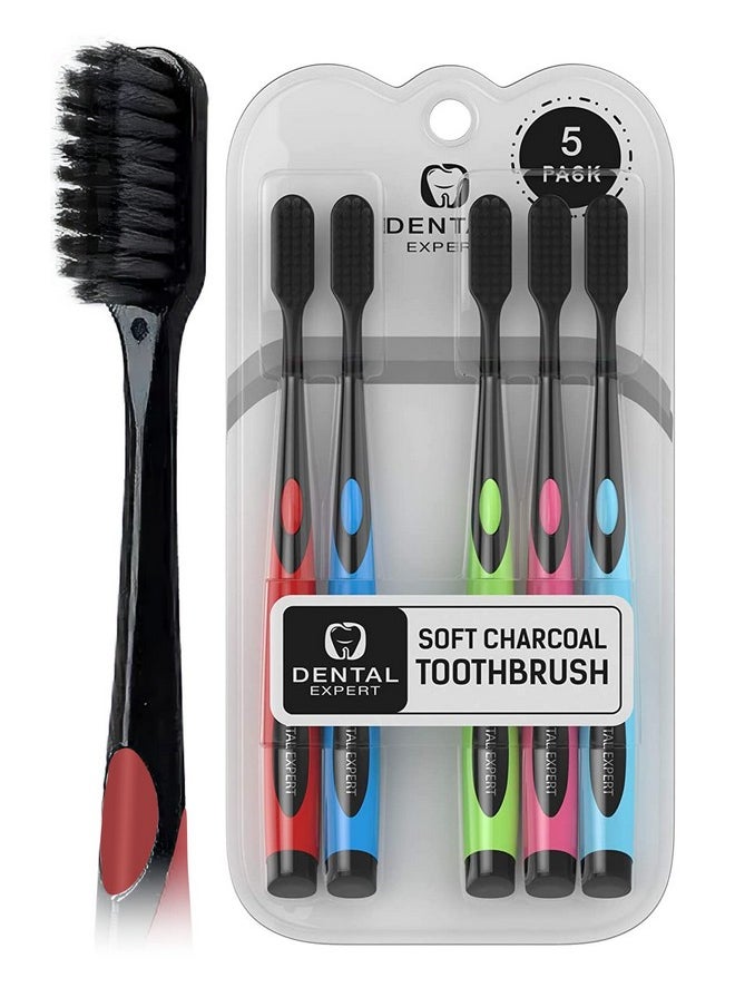 Charcoal Black Toothbrush [Gentle Soft] Slim Teeth Head Whitening Brush for Adults & Children [Family Pack] - Ultra Soft Medium Tip Bristles