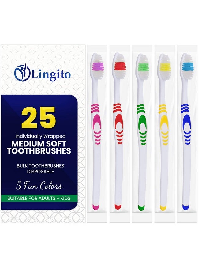 25 Bulk Toothbrushes | Individually Wrapped | Manual Disposable Travel Toothbrush Set for Adults or Kids | Made with a Medium-Soft Large Head | Multi-Color | Travel Toiletry Oral Set