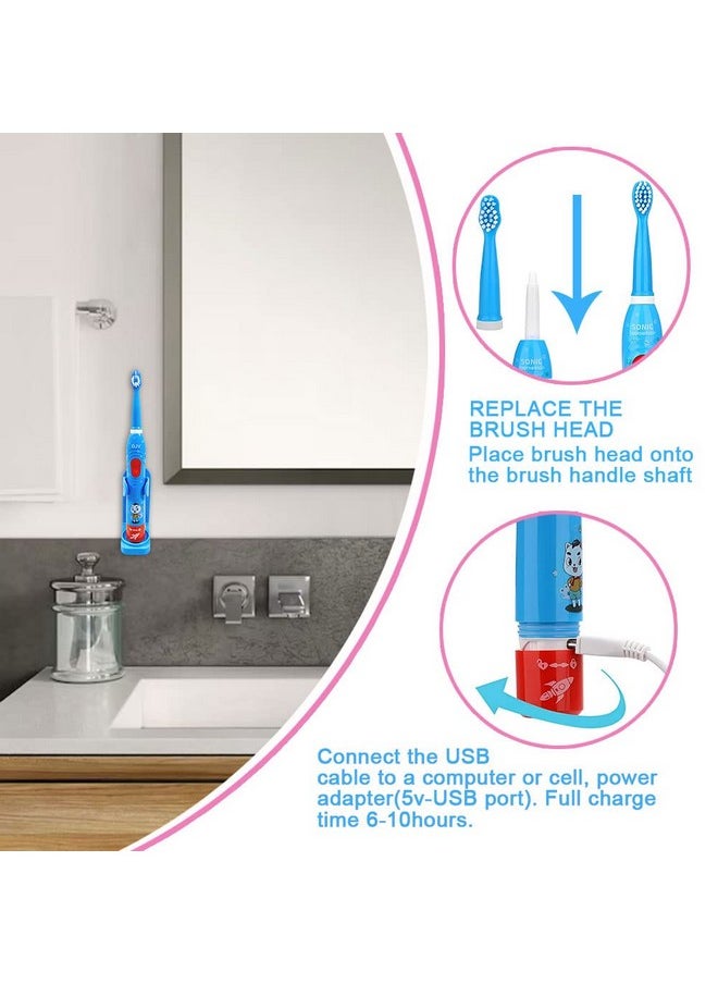 OJV 8630 Kids Sonic Electric Toothbrushes for Children Kids, 6 Modes 2-Min Timer, 6 Brush Heads, USB Rechargeable Power Smart Toothbrush for Girls Oral-Care Age 3-16 with Wall Mounted Holder (Blue)