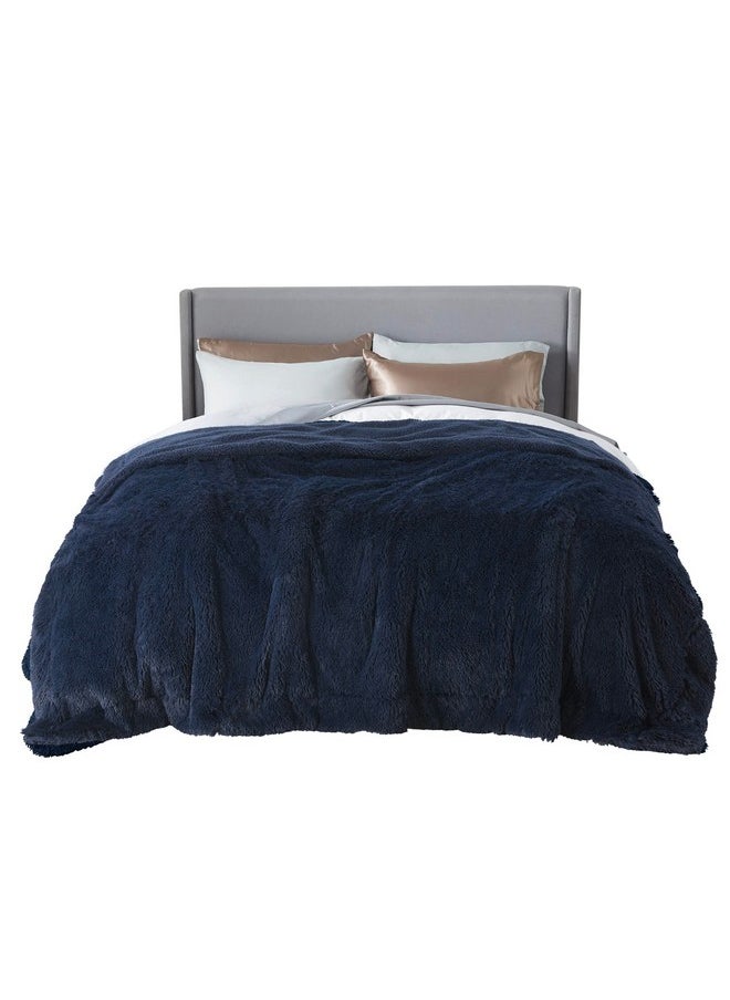 Bedsure Soft Navy Blue Blankets Queen Size for Bed, Fluffy Fuzzy Blankets for Full Queen Bed, Cozy Plush Sherpa Fleece Faux Fur Blanket for Winter, Thick Warm Blanket Gifts for Women, Men, 90x90