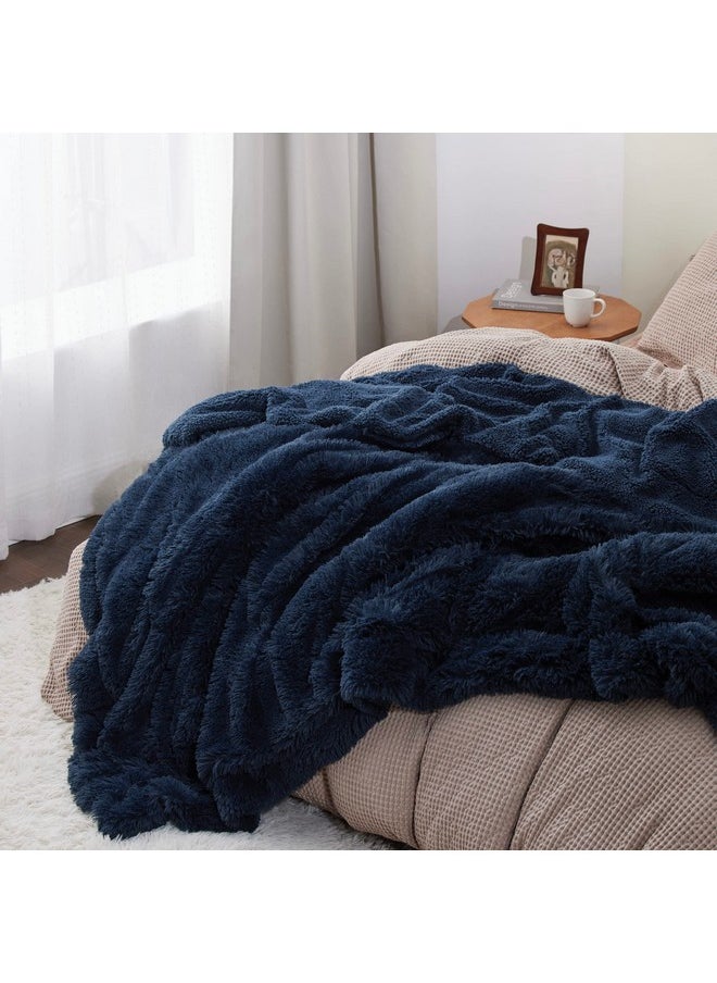 Bedsure Soft Navy Blue Blankets Queen Size for Bed, Fluffy Fuzzy Blankets for Full Queen Bed, Cozy Plush Sherpa Fleece Faux Fur Blanket for Winter, Thick Warm Blanket Gifts for Women, Men, 90x90