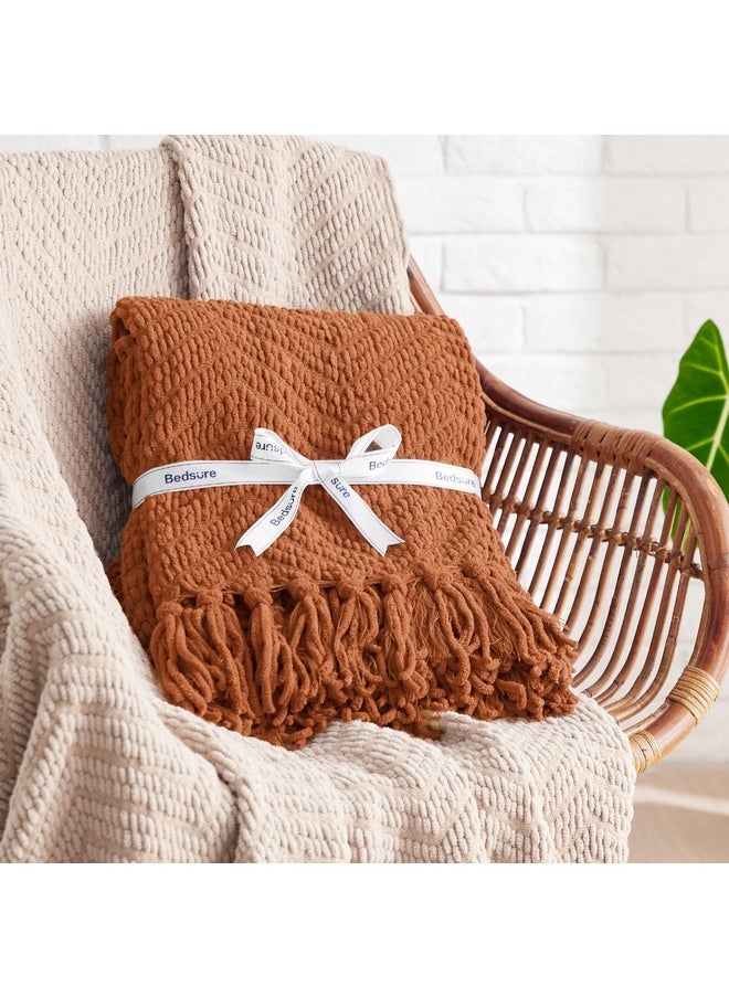 Bedsure Terracotta Throw Blanket for Couch - Versatile Knit Woven Chenille Blanket for Chair, Super Soft, Warm & Decorative Blanket with Tassels for Bed, Sofa and Living Room (Terracotta, Throw)