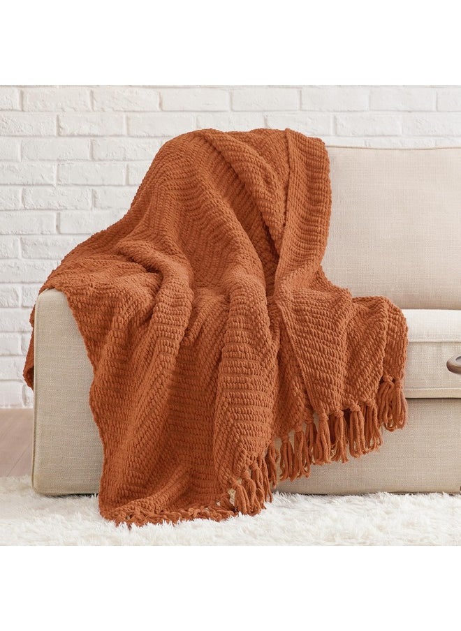 Bedsure Terracotta Throw Blanket for Couch - Versatile Knit Woven Chenille Blanket for Chair, Super Soft, Warm & Decorative Blanket with Tassels for Bed, Sofa and Living Room (Terracotta, Throw)