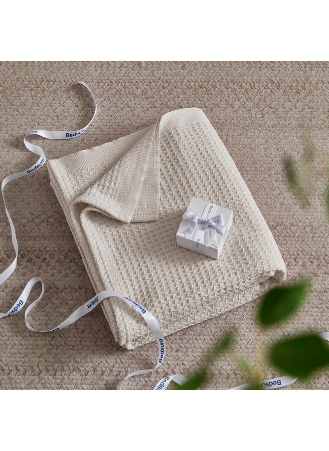 Bedsure 100% Cotton Large Throw Blanket for Couch - Waffle Weave Light Beige/Linen Throw Blanket for Bed, Lightweight and Soft Fall Throw Blanket for Office, 50x70 inches