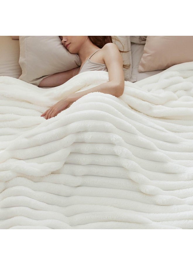 Bedsure Blankets Queen Size for Bed - Super Soft Cozy Blankets for Women, Cute Large Fleece Blanket for Girls, White，90x90 Inches, Wider Striped Design