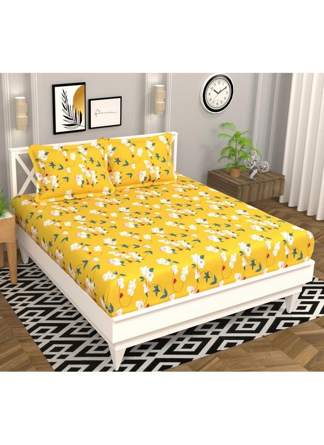 BSB HOME Premium Microfiber 160 TC Flat Double Bed Bedsheets for Summer Breathable | Wrinklefree (Size- 225 x 228 Cm) with 2 Pillow Covers (Size-17 X 27 Inches, Floral, Yellow White & Green)