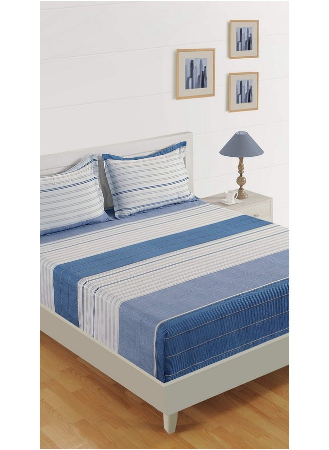 Swayam 200 TC Stripe Print Cotton Extra Large Bed Sheet with 2 Pillow Cover - Grey, Blue (14044)