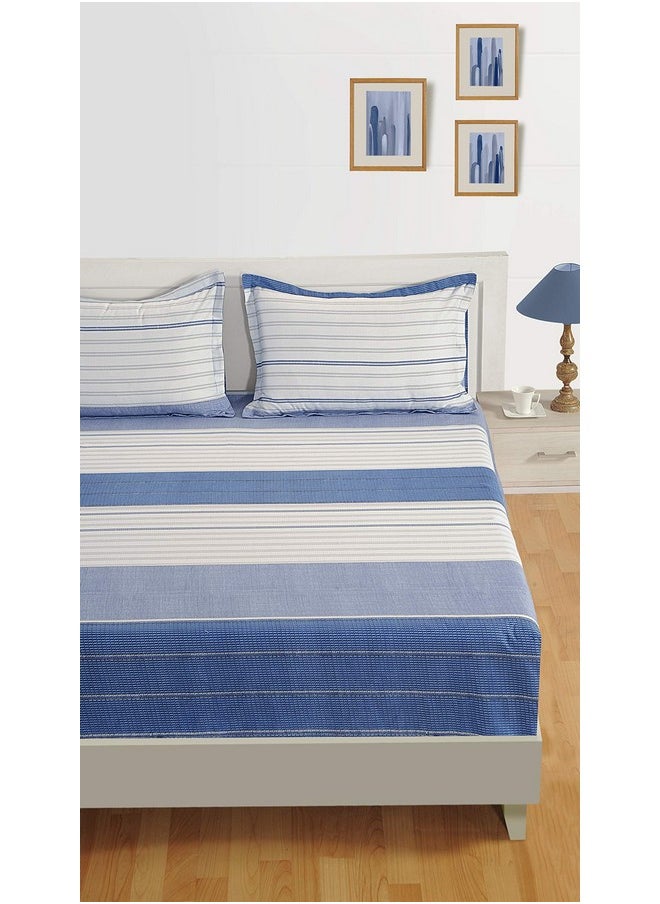 Swayam 200 TC Stripe Print Cotton Extra Large Bed Sheet with 2 Pillow Cover - Grey, Blue (14044)