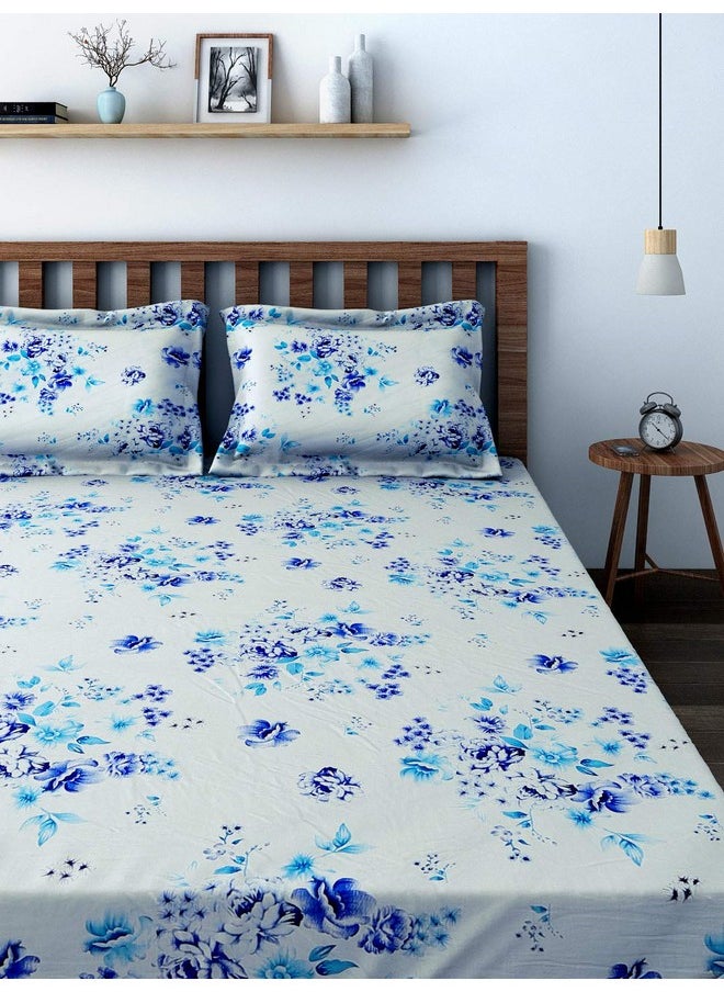 Swayam Veda Collection Premium Cotton 160 TC Floral Print Cotton Single Bed Sheet with 1 Pillow Cover - Blue/White