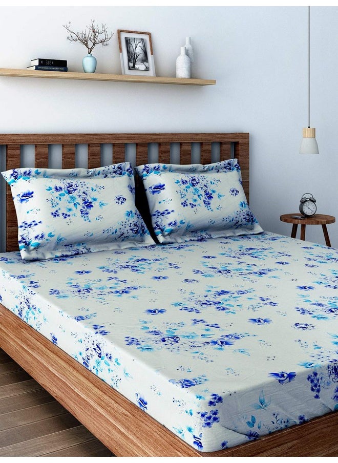 Swayam Veda Collection Premium Cotton 160 TC Floral Print Cotton Single Bed Sheet with 1 Pillow Cover - Blue/White