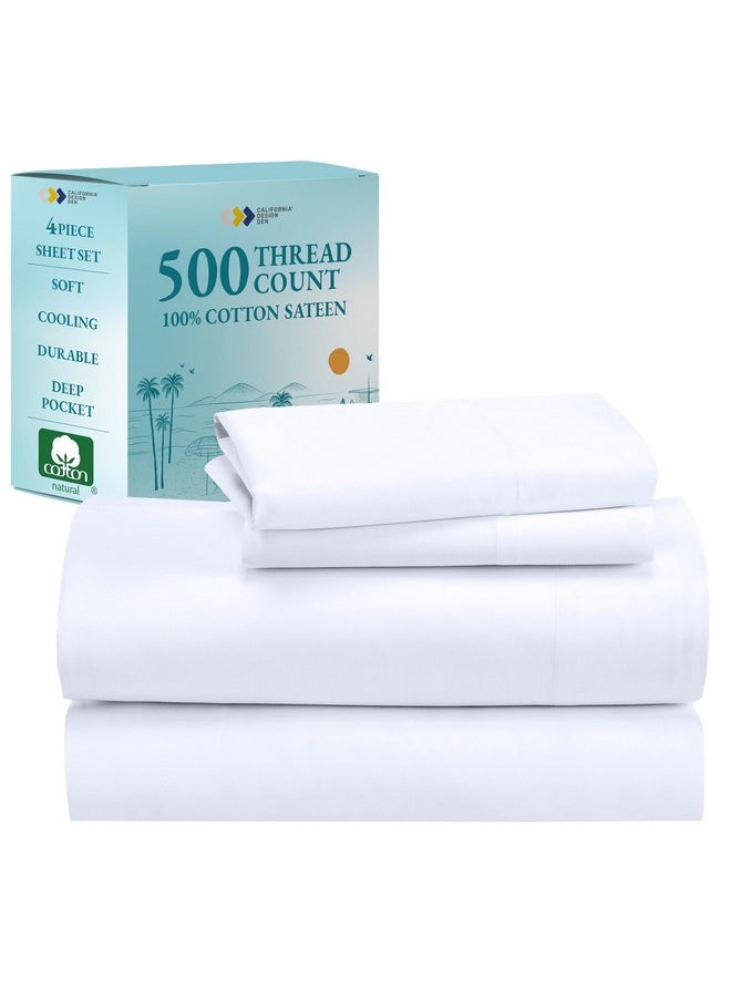 California Design Den Full Size Sheet Set - 100% Cotton 500 Thread Count, Cooling Deep Pocket Bed Sheets with Fitted Elastic Sheet, Extra Soft Luxury Hotel Quality - White