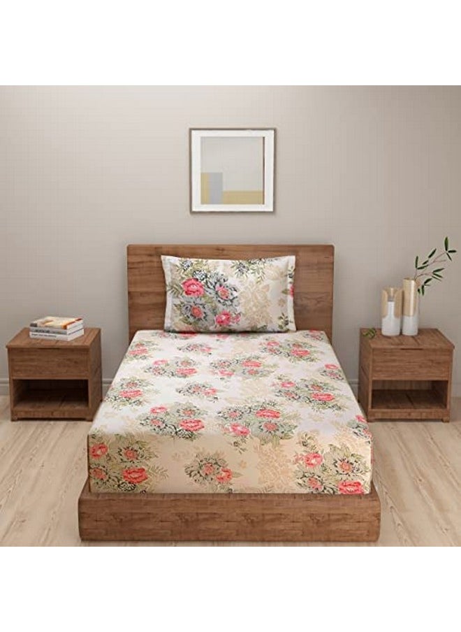 Swayam Zinnia Collection 240 TC Cotton Single Bedsheet with 1 Pillow Cover - Beige Pink