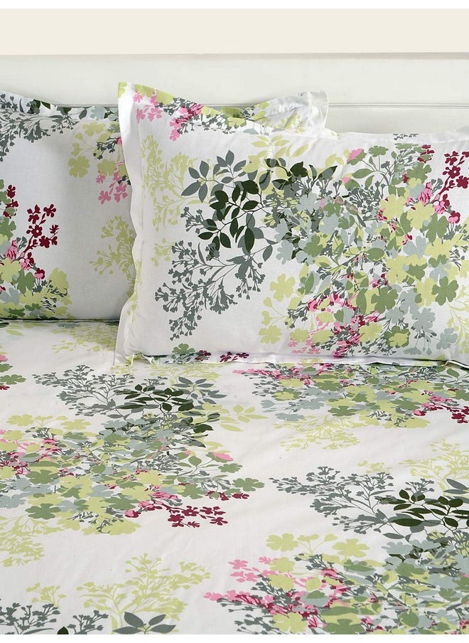 Swayam Veda Collection Premium Cotton 160 TC Floral Print Cotton Double Bed Sheet with 2 Pillow Cover - White/Green