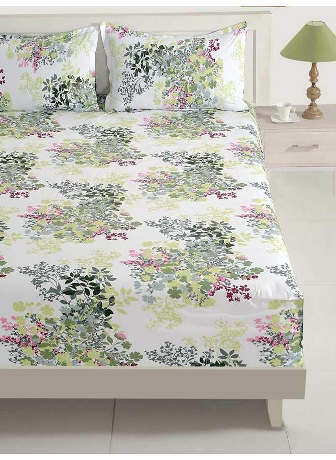 Swayam Veda Collection Premium Cotton 160 TC Floral Print Cotton Double Bed Sheet with 2 Pillow Cover - White/Green