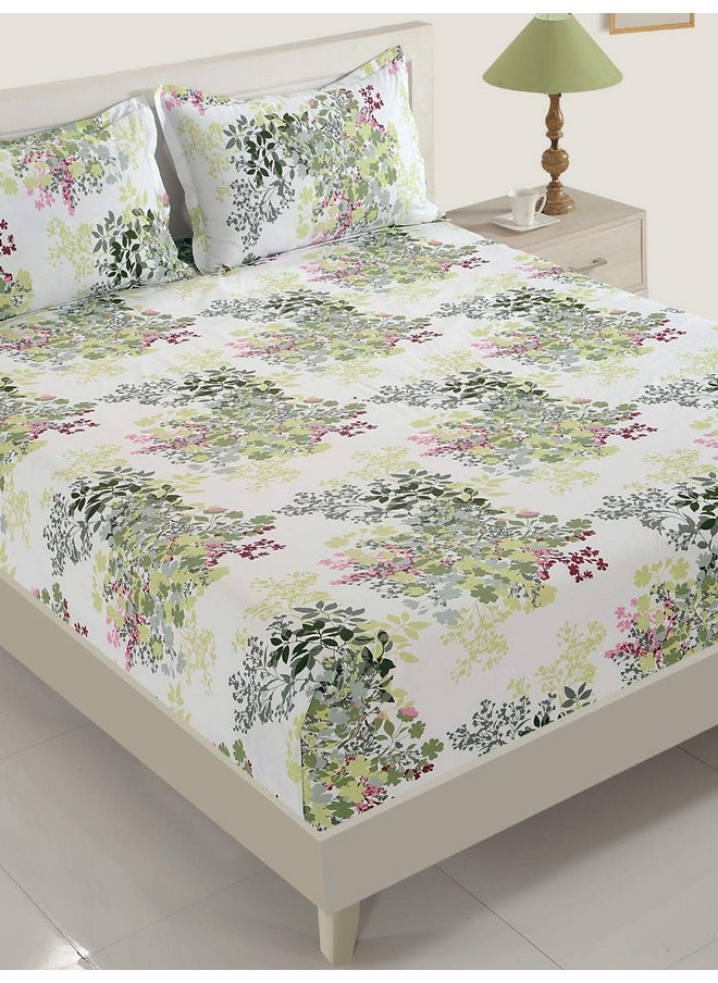 Swayam Veda Collection Premium Cotton 160 TC Floral Print Cotton Double Bed Sheet with 2 Pillow Cover - White/Green