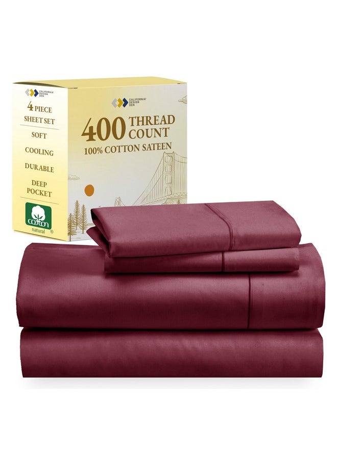 California Design Den 100% Cotton Sheets, Soft Queen Sheet Set, Cooling Sheets for Queen Size Bed with Deep Pockets, 400 Thread Count Sateen, Bedding Sheets & Pillowcases, Queen Sheets (Burgundy Red)