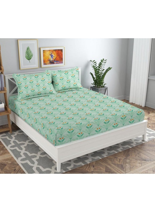 BSB HOME 160 TC Glace Cotton Double Floral Bedsheet with 2 Pillow Covers | 125 GSM Soft Brushed - Breathable & Wrinkle Free - (90 X 90 Inch, Green & Orange)