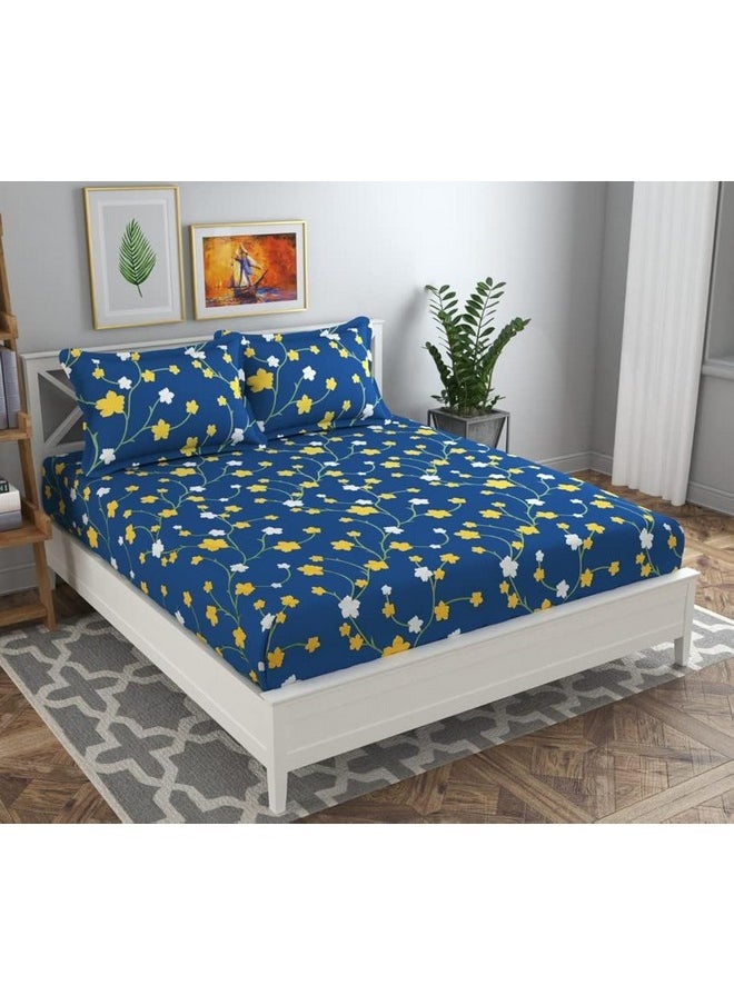 BSB HOME 120 Tc Double Floral Printed Bedsheet with 2 Pillow Covers | 110 GSM Soft Brushed Microfiber - Breathable & Wrinkle Free - (86 X 88 Inch, Dark Blue & Yellow & White), 144 Tc