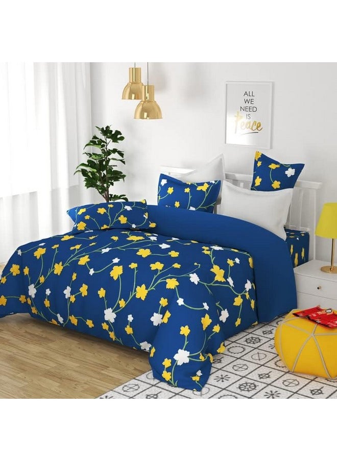 BSB HOME 120 Tc Double Floral Printed Bedsheet with 2 Pillow Covers | 110 GSM Soft Brushed Microfiber - Breathable & Wrinkle Free - (86 X 88 Inch, Dark Blue & Yellow & White), 144 Tc