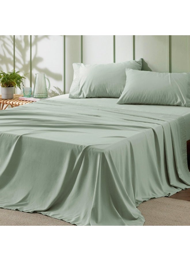 Bedsure Queen Sheet Set - Soft Sheets for Queen Size Bed, 4 Pieces Hotel Luxury Sage Green Queen Sheets, Easy Care Polyester Microfiber Cooling Bed Sheet Set