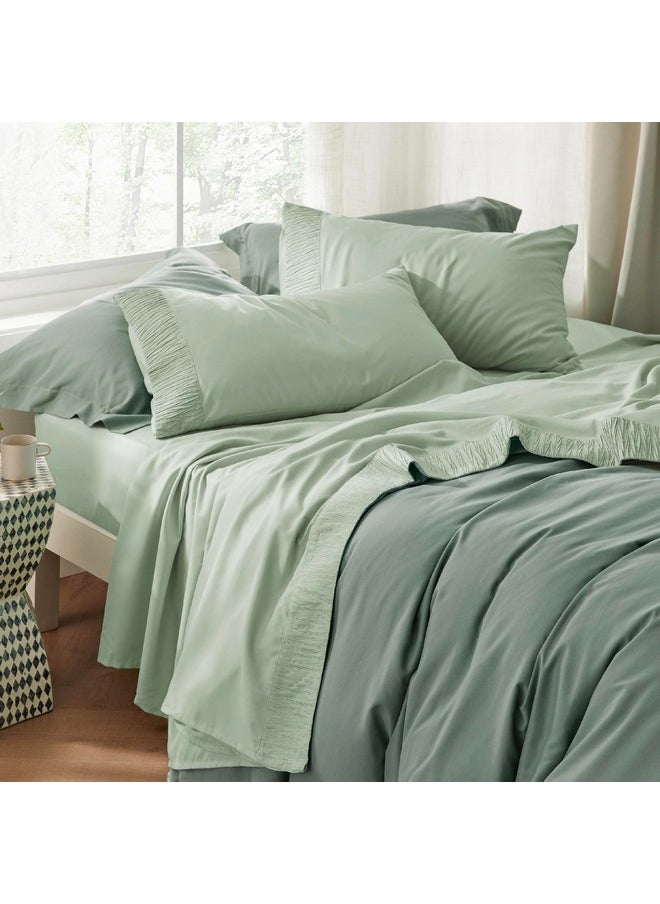 Bedsure Queen Sheet Set - Soft Sheets for Queen Size Bed, 4 Pieces Hotel Luxury Sage Green Queen Sheets, Easy Care Polyester Microfiber Cooling Bed Sheet Set