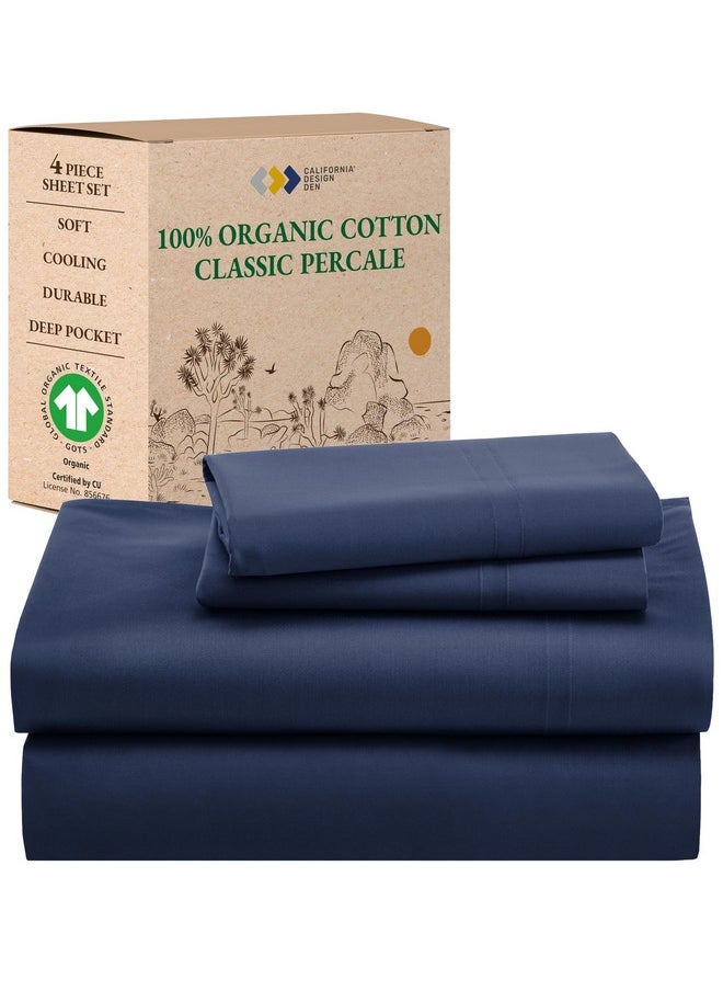 California Design Den 100% Organic Cotton Queen Size Sheet Set, Deep Pockets Percale Sheets Queen, GOTS Certified Luxury Cotton Sheets for Queen Size Bed, Soft Cooling Sheets, Navy Blue Sheets