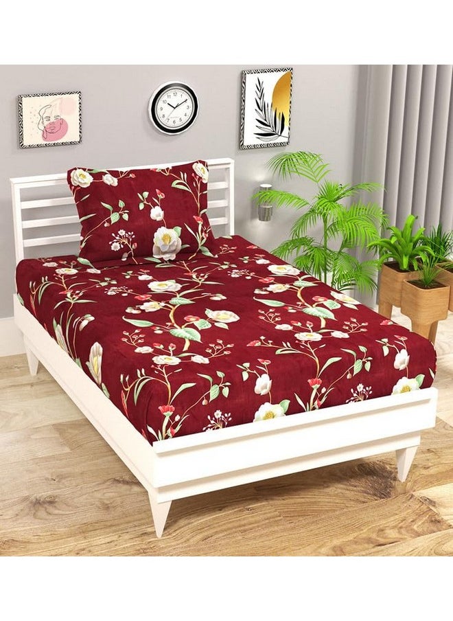 BSB HOME Printred 144 TC Microfiber Single Bedsheet Coat Bedsheet with 1 Pillow Cover - Floral Leaf Printed, Dark Red and Green