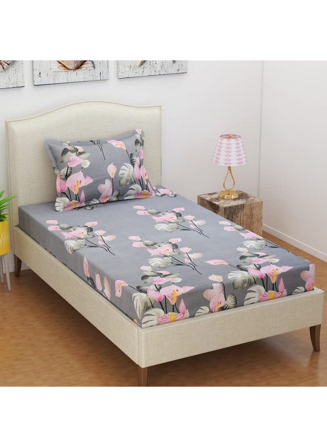 BSB HOME Premium Cotton Feel Single Bedsheet with One Pillow Cover for Coat/Diwan/ 4x6 Bed 180 Tc (152 x 228 cm, Grey & Pink Flower)