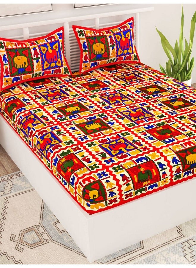 UniqChoice Rajasthani Traditional Printed 120 TC| 100% Cotton| Bedsheet for King Size Bed|Double Bedsheet with 2 Pillow Cover| Red