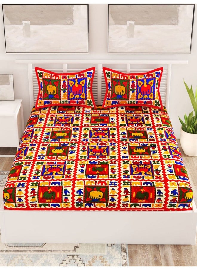 UniqChoice Rajasthani Traditional Printed 120 TC| 100% Cotton| Bedsheet for King Size Bed|Double Bedsheet with 2 Pillow Cover| Red