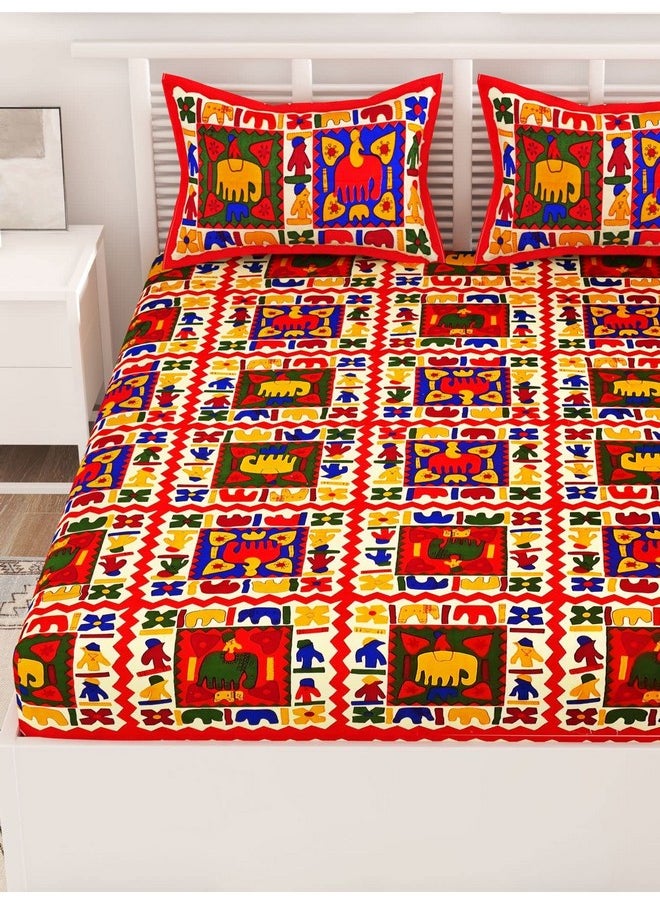 UniqChoice Rajasthani Traditional Printed 120 TC| 100% Cotton| Bedsheet for King Size Bed|Double Bedsheet with 2 Pillow Cover| Red