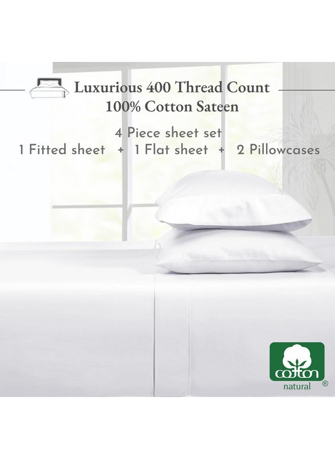 California Design Den 100% Cotton Sheets - 400 Thread Count Sateen Queen Sheets Set Deep Pocket, Soft Queen Size Bed Sheets, Cooling Sheets Queen Size Bed Set, Durable Cotton Bed Sheets (White Sheets)