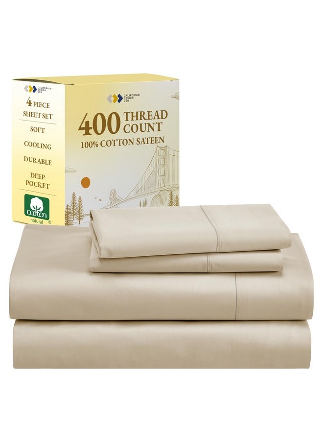 California Design Den Beige Full Size Sheets Set, 400 Thread Count 100% Cotton Sateen, Soft & Breathable, Cooling Full Sheet Set (Beige)