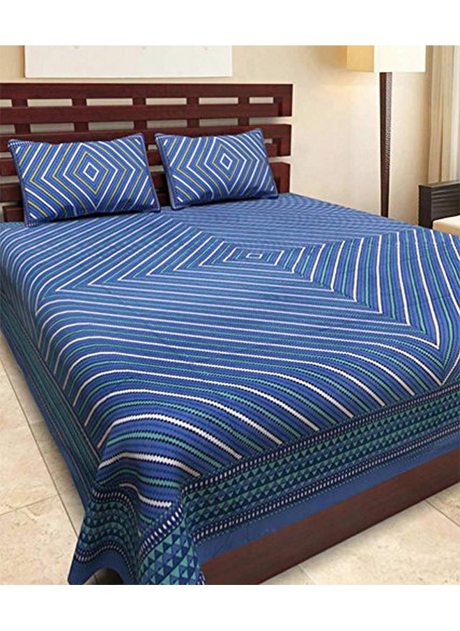 UniqChoice Jaipuri Designer Striped Printed Cotton Double Bedsheet with Zipped 2 Pillow Cover (Multicolour, Blue)